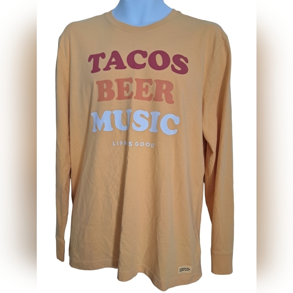 LIFE IS GOOD long sleeve crusher TEE Tacos Beer Music yellow coastal Men Medium